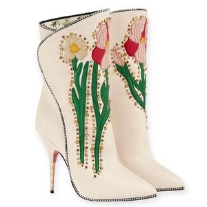 Gucci Flowers Intarsia Leather Boots Patchwork Limited Edition Cream Mules 37.5